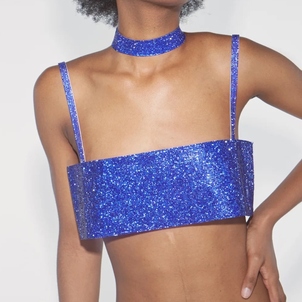 Nuè Charlotte Embellished Rhinestone Crystal Blue Crop Top Tank Shirt